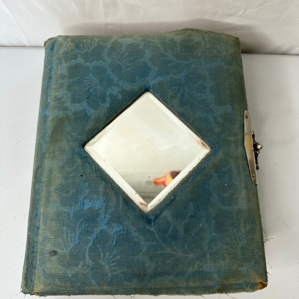 Antique Victorian Blue Velvet Photo Album Beveled Mirror Gold Gilt Thistle Art